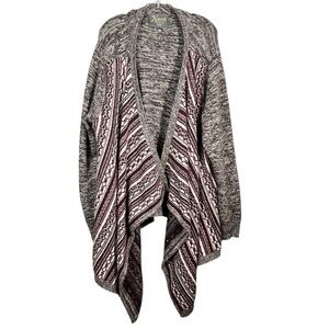 Natural Reflections Maroon Gray Pattern Waterfall Open Front Plus Size Cardigan